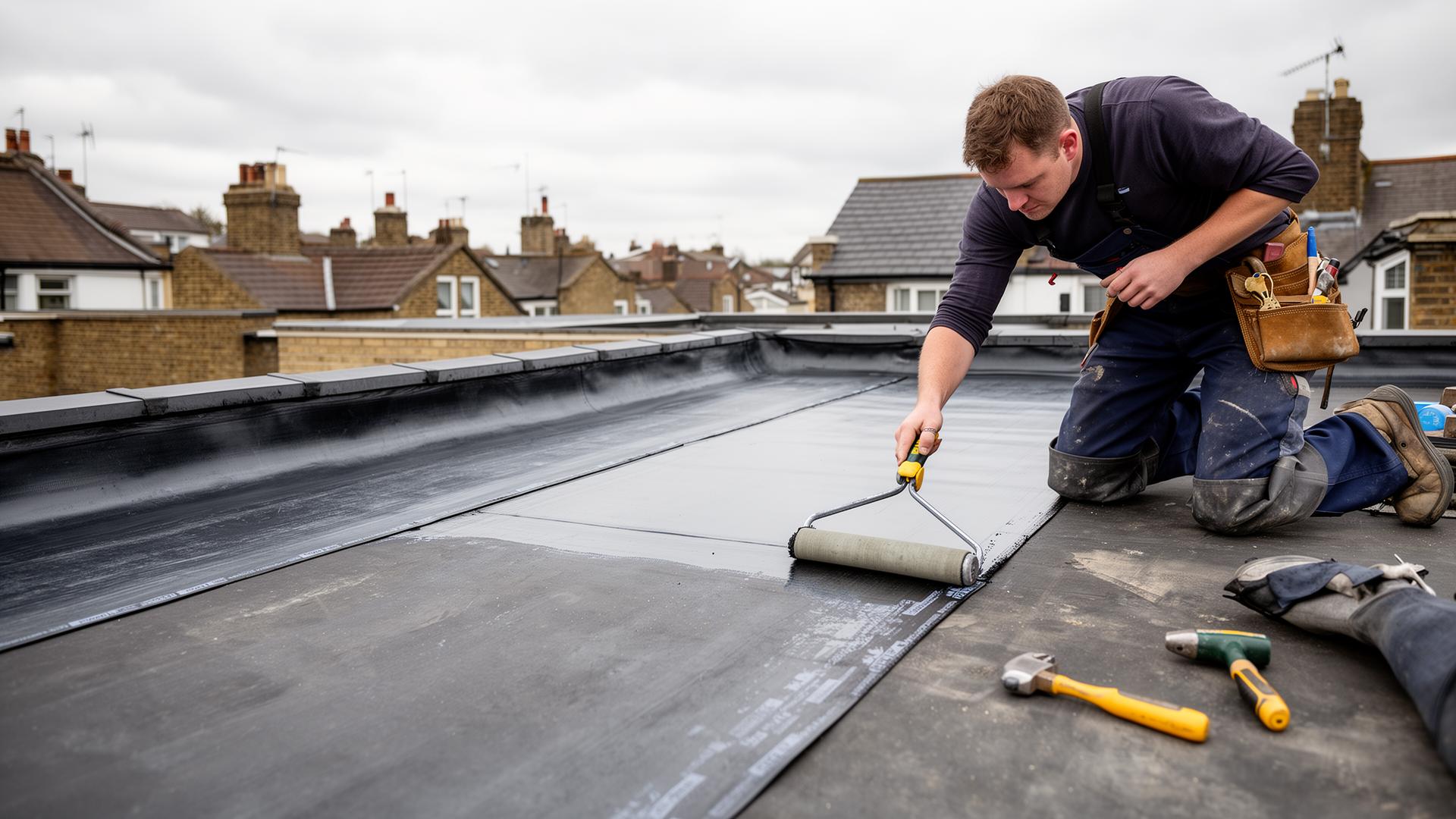 Professional flat roof repair with EPDM membrane being applied on North London residential extension