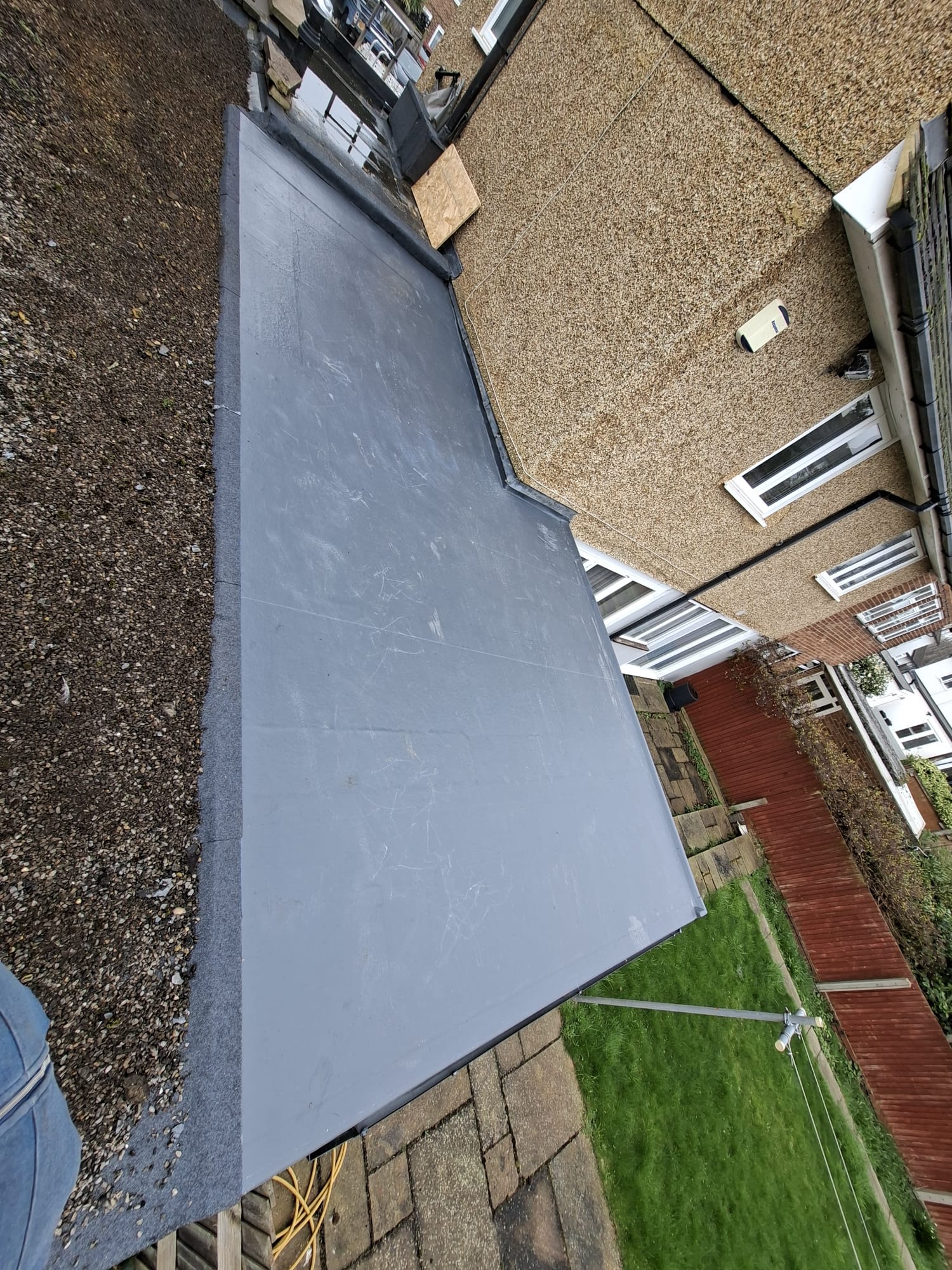 Aerial view of completed EPDM rubber roof on London property